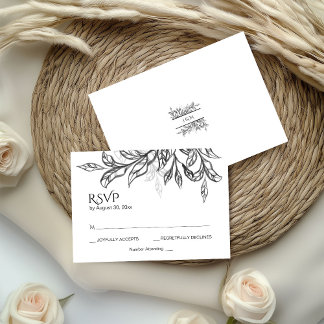 Zwart-witte tak en bladeren met een monogram RSVP Informatiekaartje