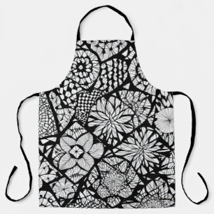 Zwart-witte Tangle Flowers Schort