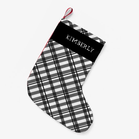Zwart Witte Tartan Buffalo Plaid Naam Custom Kleine Kerstsok (Voorkant (Hangend))