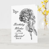 Zwart-witte tekening roos bloem Verjaardag Kaart (Gele Bloem)