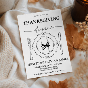 Zwart Witte Thanksgiving Bord Line Art Uitnodiging