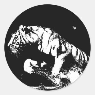 Zwart witte tijger aanvallen Pop kunst ronde Stick Sticker