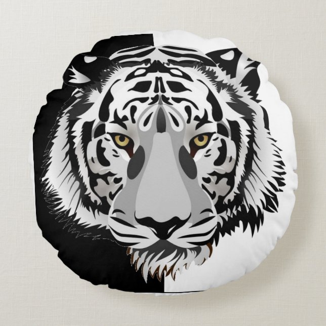 Zwart Witte Tijger  Rond Kussen (Voorkant)