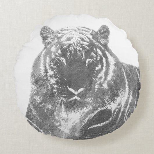 Zwart-Witte Tijger Rond Kussen (Voorkant)