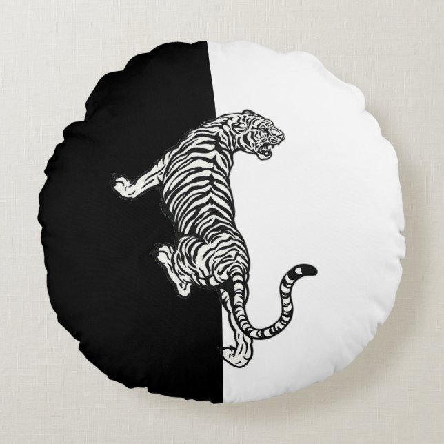 Zwart-Witte Tijger  Rond Kussen (Voorkant)