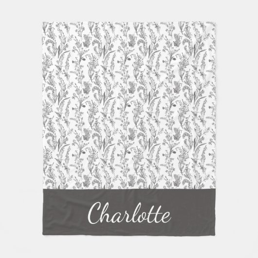 Zwart Witte Toile Bloemen Aangepaste Naam Fleece Deken (Voorkant)