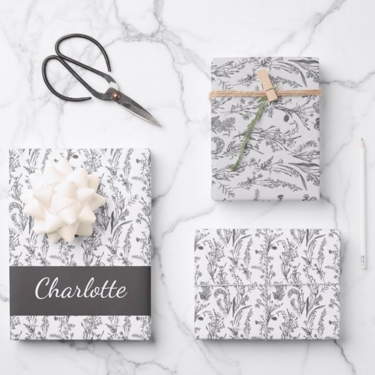 Zwart Witte Toile Bloemige Aangepaste Naam Inpakpapier Vel (Voorkant)