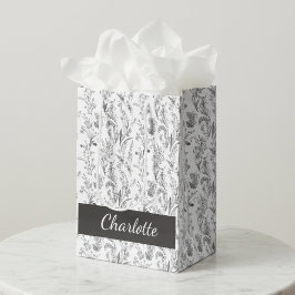 Zwart Witte Toile Bloemige Aangepaste Naam Medium Cadeauzakje