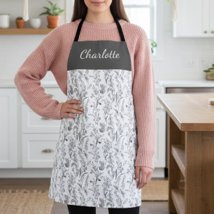 Zwart Witte Toile Bloemige Aangepaste Naam Schort