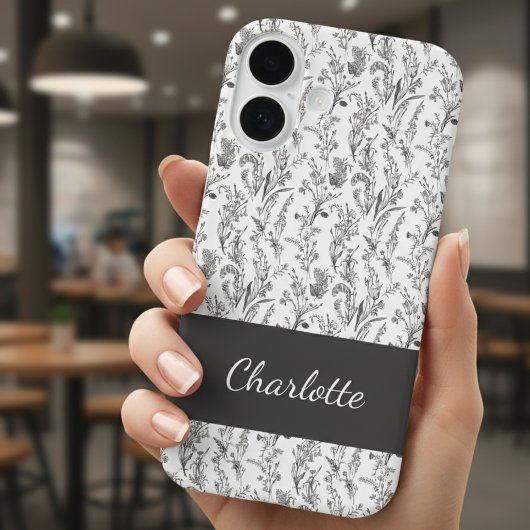 Zwart Witte Toile Bloemstuk Aangepaste Naam Case-Mate iPhone Case