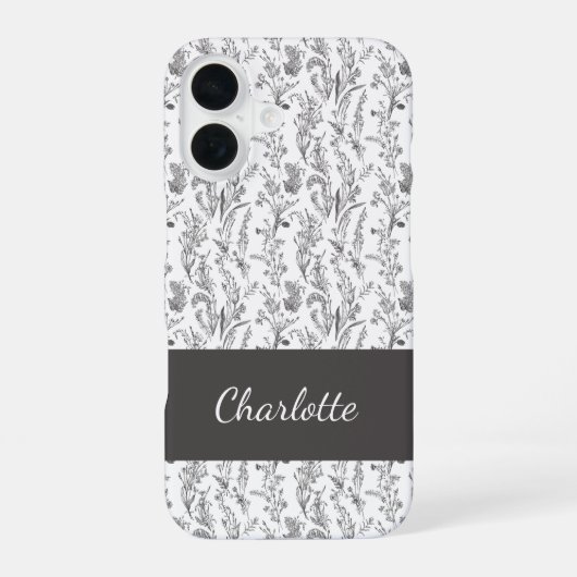 Zwart Witte Toile Bloemstuk Aangepaste Naam iPhone 16 Hoesje (Achterkant)