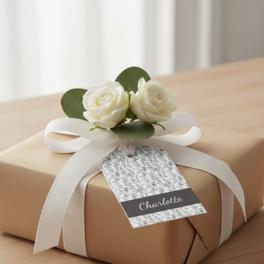 Zwart Witte Toile Bloemstuk Aangepaste Naam Monogr Cadeaulabel