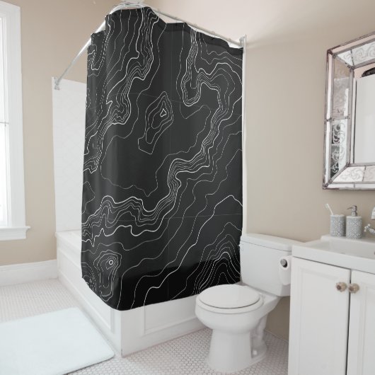 Zwart-witte topografische kaart douchegordijn (In situ)
