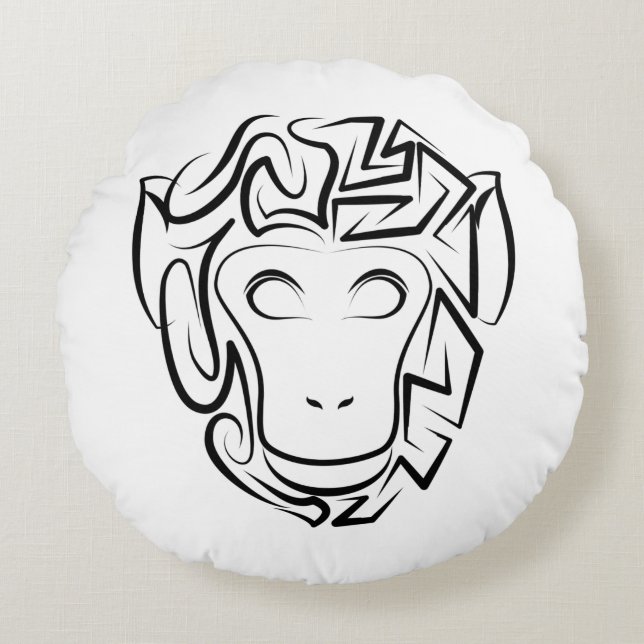 Zwart-witte tribale aap rond kussen (Voorkant)