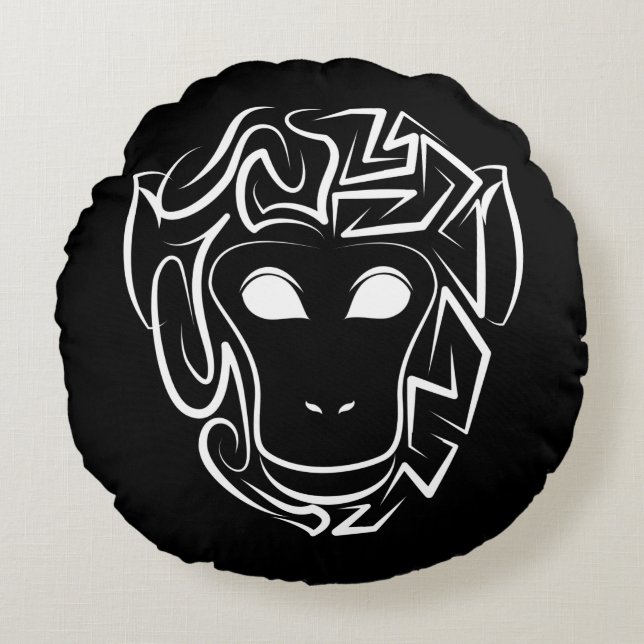 Zwart-witte tribale aap rond kussen (Voorkant)