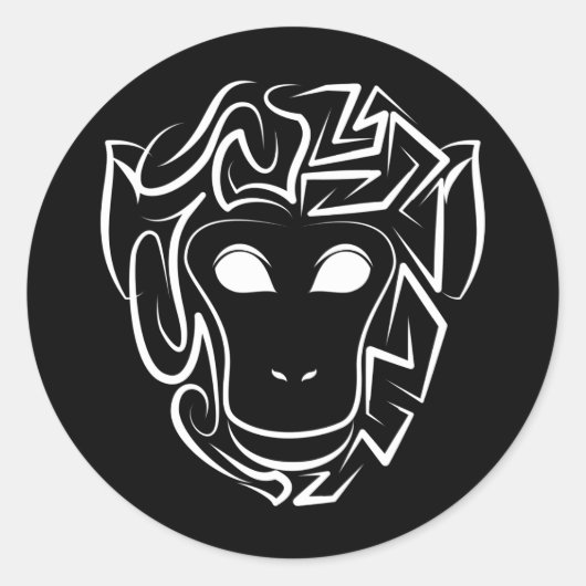 Zwart-witte tribale aap ronde sticker (Voorkant)