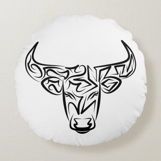Zwart-witte tribale bull / Ox Rond Kussen (Voorkant)