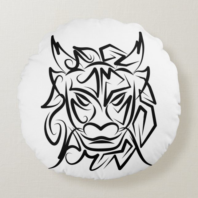 Zwart-witte tribale draak rond kussen (Voorkant)