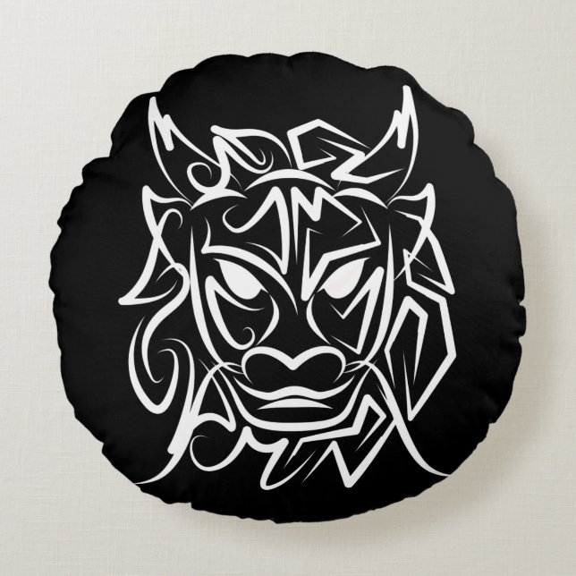 Zwart-witte tribale draak rond kussen (Voorkant)