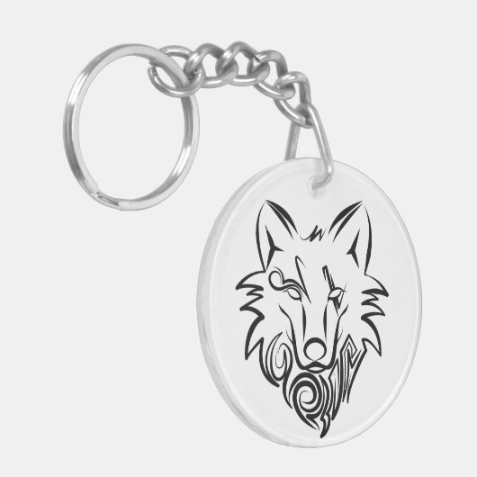 Zwart-witte tribale Wolf Sleutelhanger (Voorkant Links)