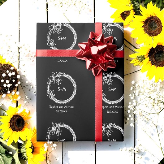 Zwart Witte Trouw Monogram Cadeaupapier