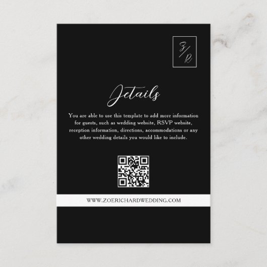 Zwart-witte trouwdetails QR-code Informatiekaartje (Voorkant)
