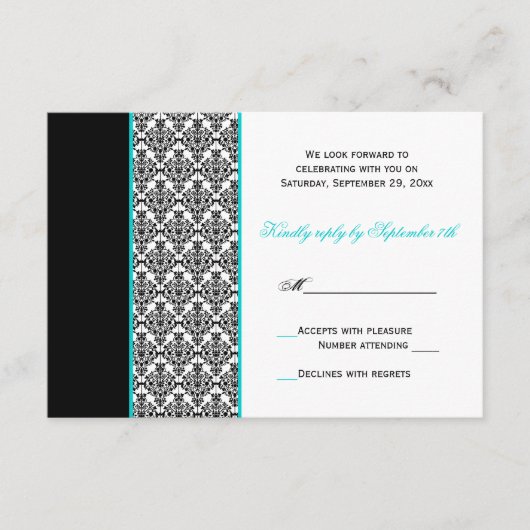 Zwart Witte Turquoise Damast RSVP Kaart (Voorkant)