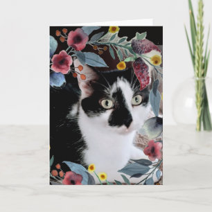 Zwart Witte Tuxedo Kat Foto met Bloemen Kaart
