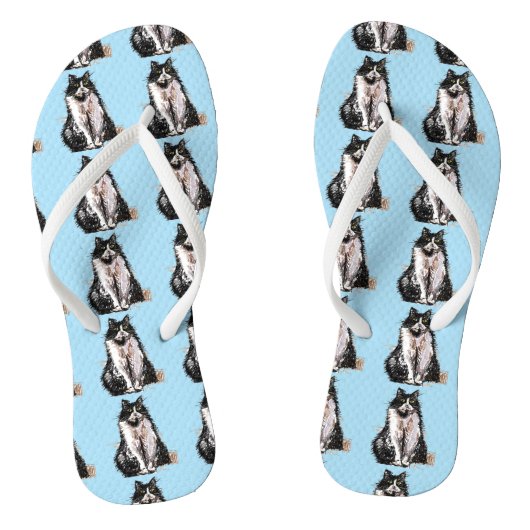 Zwart-witte Tuxedo Kat Katten Schattig Blauw  Teenslippers (Voetbed)