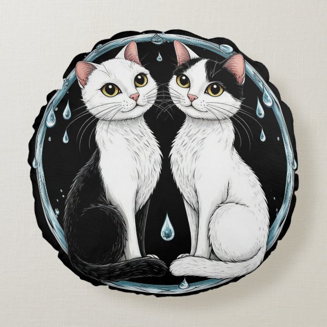 Zwart-witte tweelingkatten die samen zitten rond kussen (Voorkant)