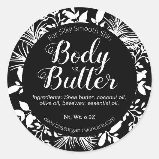 Zwart-witte twijgen en bladeren body boter scrub ronde sticker (Voorkant)
