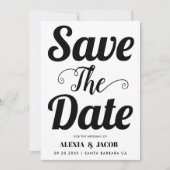 Zwart-witte typografie en foto op de achterkant save the date (Voorkant)