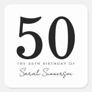 Zwart Witte Typografie Vijftig 50ste Verjaardag Vierkante Sticker