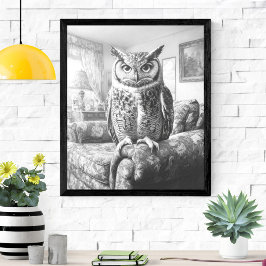 Zwart-Witte Uil op Leunstoel Illustratie Poster
