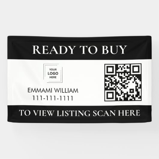 Zwart Witte Vastgoed QR Code Verkoopbanner Spandoek (Horizontaal)