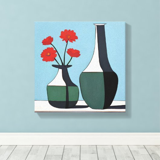 Zwart-witte vazen met rode bloemen canvas afdruk (Insitu (Houten vloer))