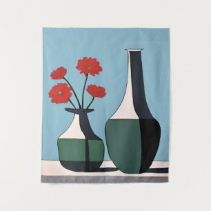 Zwart-witte vazen met rode bloemen wandkleed