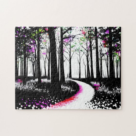 Zwart-witte verf met roze bos pad legpuzzel (Horizontaal)