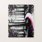 Zwart-witte verf met roze bos pad legpuzzel (Verticaal)