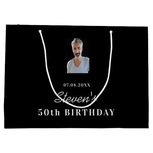 Zwart-witte verjaardagsfoto met naam groot cadeauzakje (Achterkant)