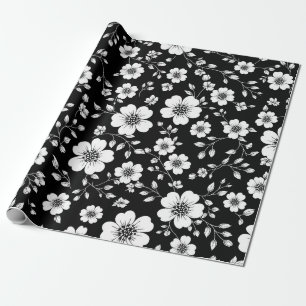 Zwart Witte Vintage Bloemige Naadloos Patroon (1) Cadeaupapier
