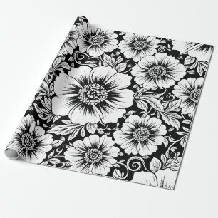 Zwart Witte Vintage Bloemige Naadloos Patroon (2) Cadeaupapier