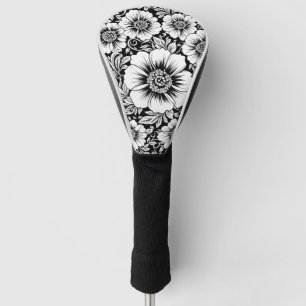Zwart Witte Vintage Bloemige Naadloos Patroon (2) Golfheadcover