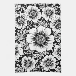 Zwart Witte Vintage Bloemige Naadloos Patroon (2) Theedoek