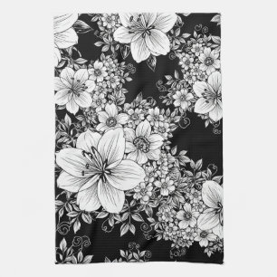 Zwart Witte Vintage Bloemige Naadloos Patroon (3) Theedoek
