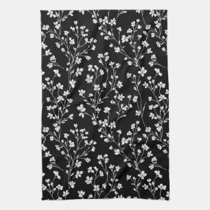 Zwart Witte Vintage Bloemige Naadloos Patroon (4) Theedoek