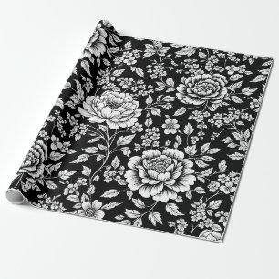 Zwart Witte Vintage Bloemige Naadloos Patroon (5) Cadeaupapier