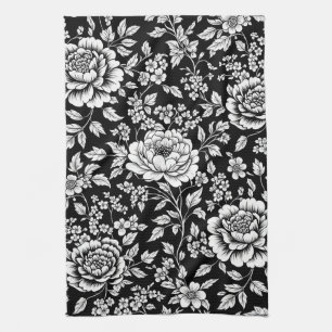 Zwart Witte Vintage Bloemige Naadloos Patroon (5) Theedoek
