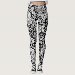 Zwart Witte Vintage Bloemige Naadloos Patroon (6) Leggings