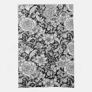 Zwart Witte Vintage Bloemige Naadloos Patroon (6) Theedoek
